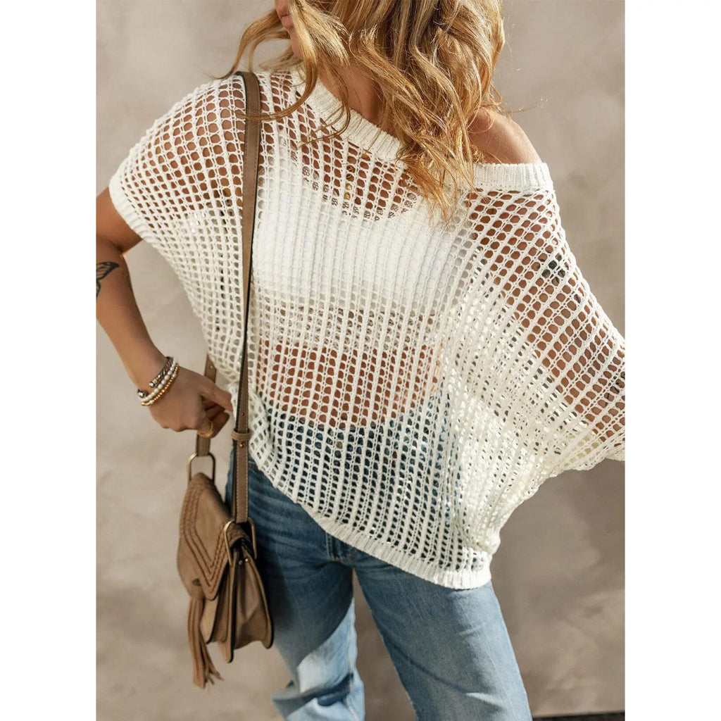 Dokotoo Womens Summer Scoop Neck ShortSleeve Sweater Casual Crochet Hollow OutKnit Tops Pullover Shirts Beach Coverup