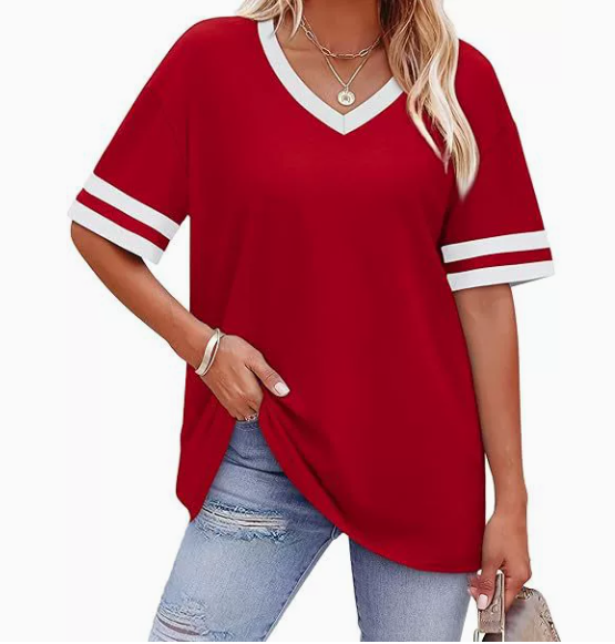 WIHOLL Women's Loose Short-Sleeve V-Neck Color Block T-Shirt, $29, Buy One Get One Free for a Limited Time, 2026 Summer New Arrival, Sizes S-3XL