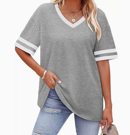 WIHOLL Women's Loose Short-Sleeve V-Neck Color Block T-Shirt, $29, Buy One Get One Free for a Limited Time, 2026 Summer New Arrival, Sizes S-3XL