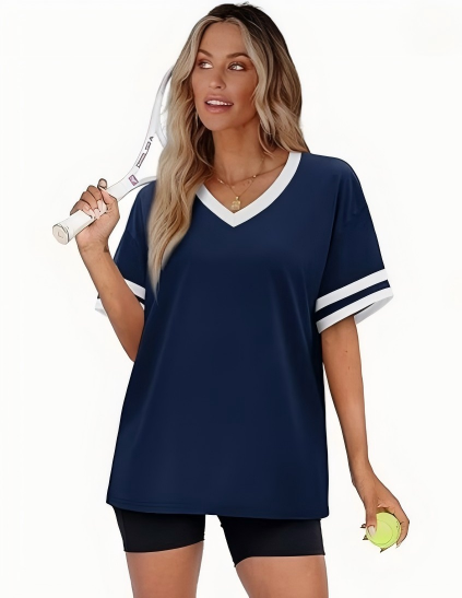 WIHOLL Women's Loose Short-Sleeve V-Neck Color Block T-Shirt, $29, Buy One Get One Free for a Limited Time, 2026 Summer New Arrival, Sizes S-3XL