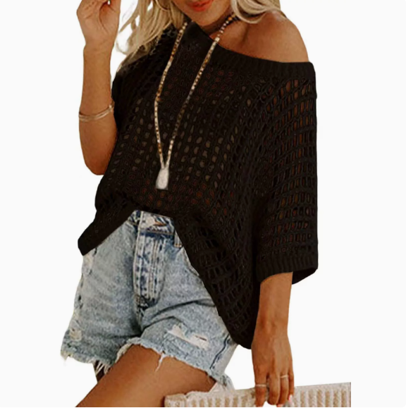 Dokotoo Womens Summer Scoop Neck ShortSleeve Sweater Casual Crochet Hollow OutKnit Tops Pullover Shirts Beach Coverup
