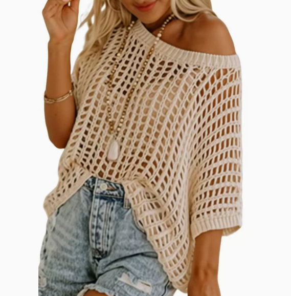 Dokotoo Womens Summer Scoop Neck ShortSleeve Sweater Casual Crochet Hollow OutKnit Tops Pullover Shirts Beach Coverup