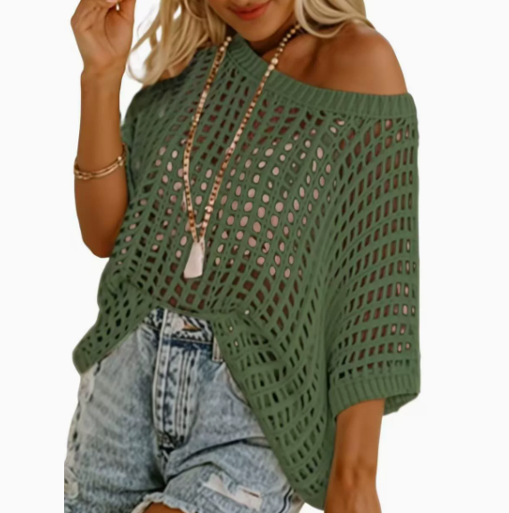Dokotoo Womens Summer Scoop Neck ShortSleeve Sweater Casual Crochet Hollow OutKnit Tops Pullover Shirts Beach Coverup