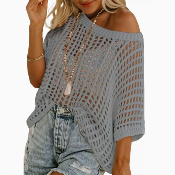 Dokotoo Womens Summer Scoop Neck ShortSleeve Sweater Casual Crochet Hollow OutKnit Tops Pullover Shirts Beach Coverup