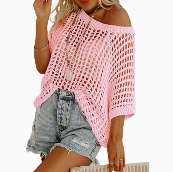 Dokotoo Womens Summer Scoop Neck ShortSleeve Sweater Casual Crochet Hollow OutKnit Tops Pullover Shirts Beach Coverup