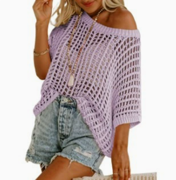 Dokotoo Womens Summer Scoop Neck ShortSleeve Sweater Casual Crochet Hollow OutKnit Tops Pullover Shirts Beach Coverup