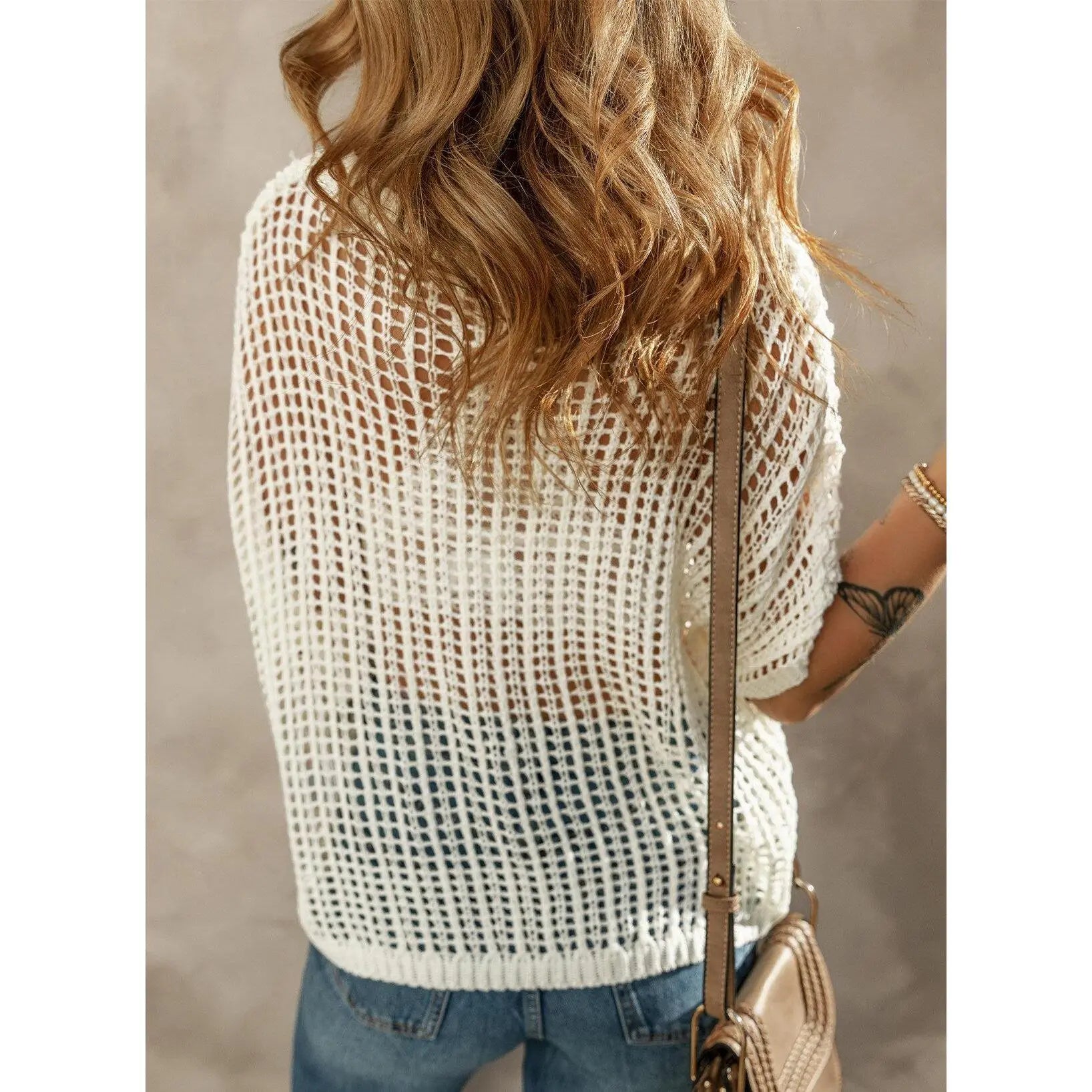 Dokotoo Womens Summer Scoop Neck ShortSleeve Sweater Casual Crochet Hollow OutKnit Tops Pullover Shirts Beach Coverup