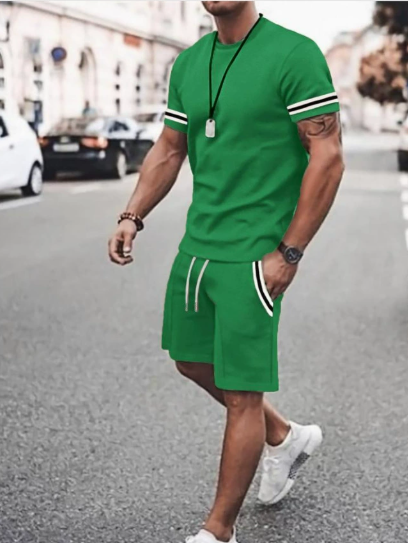 Men's color-trimmed T-shirt and drawstring waist shorts set