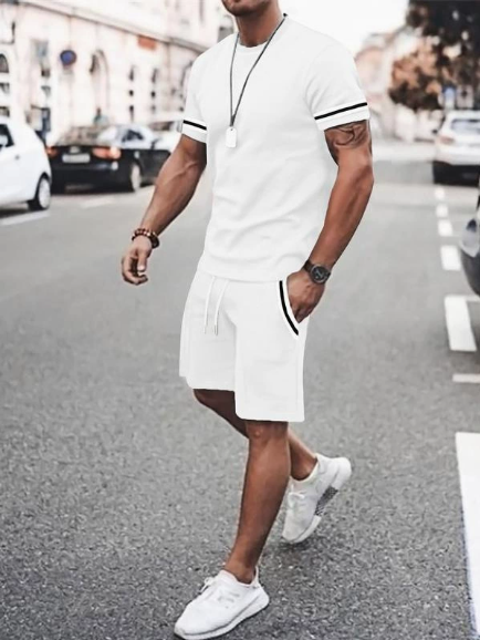 Men's color-trimmed T-shirt and drawstring waist shorts set