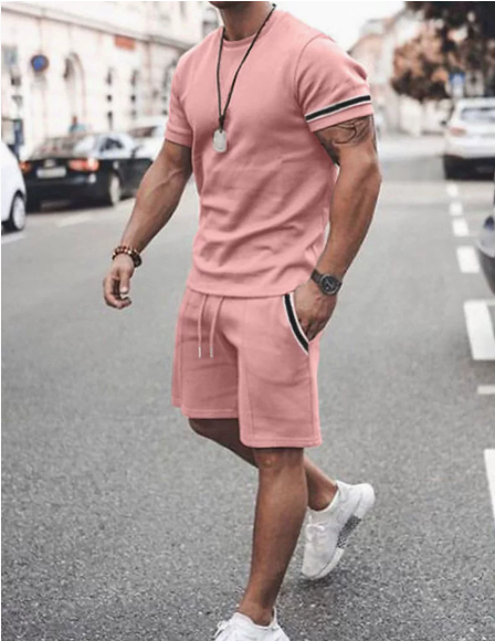Men's color-trimmed T-shirt and drawstring waist shorts set