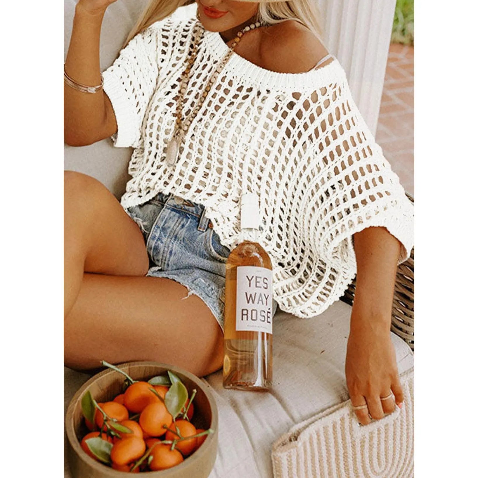 Dokotoo Womens Summer Scoop Neck ShortSleeve Sweater Casual Crochet Hollow OutKnit Tops Pullover Shirts Beach Coverup