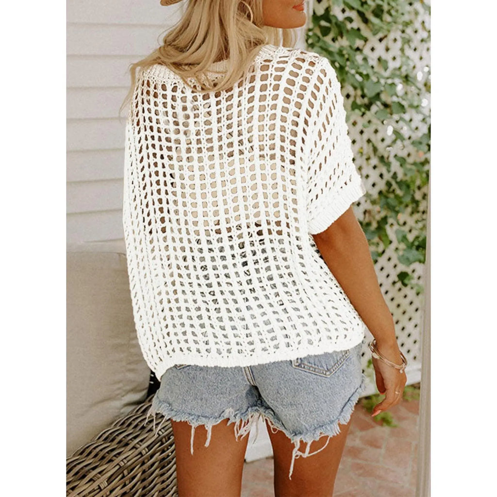 Dokotoo Womens Summer Scoop Neck ShortSleeve Sweater Casual Crochet Hollow OutKnit Tops Pullover Shirts Beach Coverup